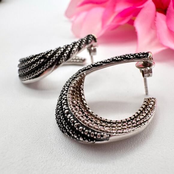 Tested Silver Twisted Hoop Earrings Faux Marcasite Milgrain Cobbled 9.23 Grams - Picture 5 of 16